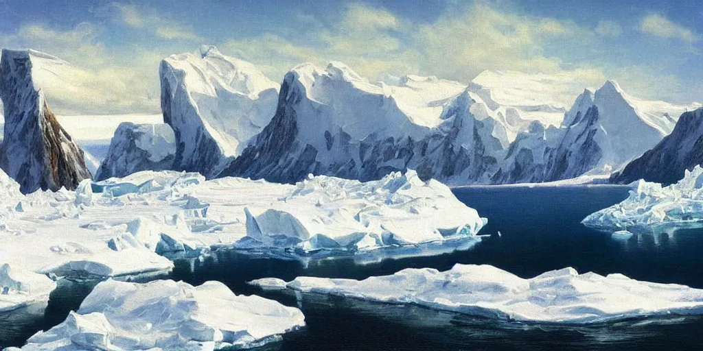 Image similar to Antarctica, oil painting, highly detailed, artwork, in style of Albert bierstadt