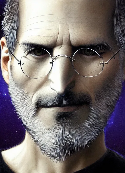 Prompt: Portrait of Steve Jobs, white glowing eyes, silver shaggy hair, cloak, ethereal wings, male, fantasy, extremely detailed, digital painting, artstation, concept art, smooth, sharp focus, illustration, stunning lighting, art by artgerm and greg rutkowski and alphonse mucha and simon stalenhag, realistic character concept, high fantasy, light atmosphere, golden ratio, cinematic lighting, hyperdetailed, high resolution, insanely detailed and intricate, artstation, Marc Simonetti, Greg Rutkowski, 8k