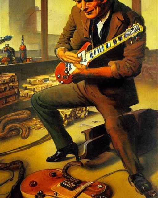 Image similar to Snake Oil salesman shredding on a Gibson Les Paul in a snake oil warehouse, painting by Frank Frazetta