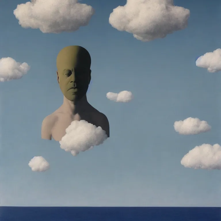 Image similar to cloud - man, by rene magritte, centered, detailed painting, hd, hq, high resolution, high detail, 4 k, 8 k