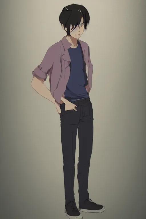 Image similar to portrait of a handsome young asian man, cool hairstyle, half body shot, trending on artstation, studio ghibli, makoto shinkai, visually stunning