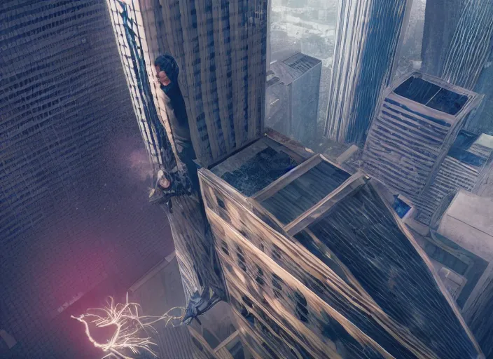 Prompt: vfx shot of a man being dragged through a skyscraper by a giant titan creature, 3 d unreal engine octane render graphics, 4 k wallpaper, film stock, imax