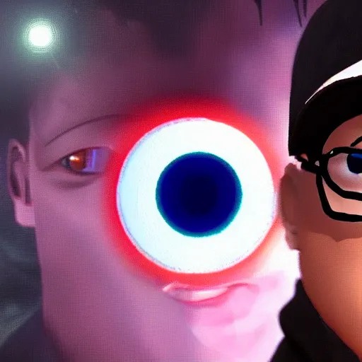 Image similar to Evil Nostalgia Critic Doug Walker furious mad with glowing eyes, lens flare, bloom