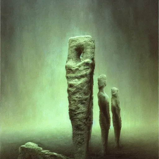 Prompt: arm reaching out of thick fog, 6 stelae growing out of the sky, stalactite, zdzislaw beksinski