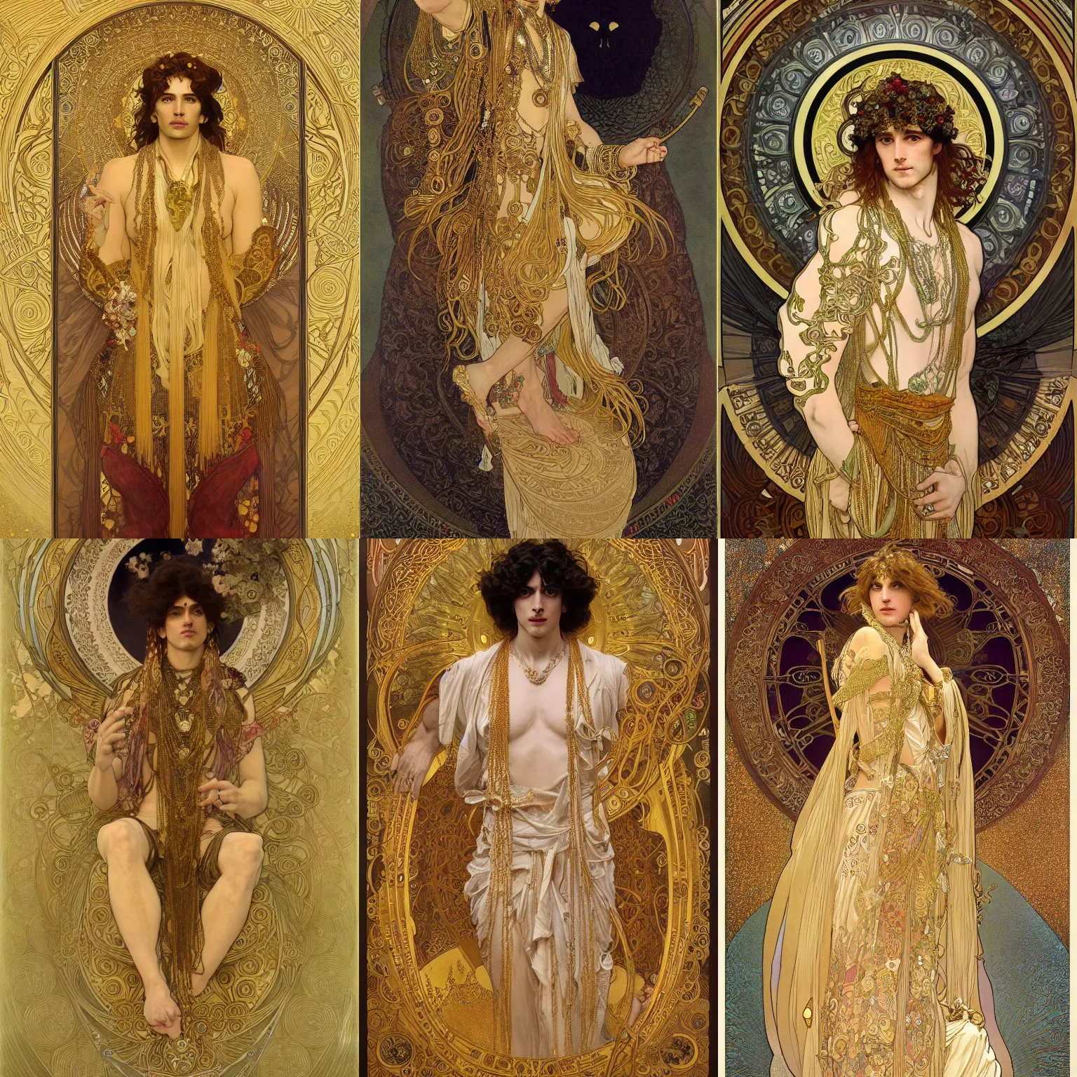 Prompt: beautiful male god of death, long hair, wearing ornate silk and lace clothes, gold jewelry, moon, by alphonse mucha, gustav klimt, greg rutkowski, rule of thirds, super detailed, 8 k