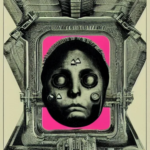 Image similar to post - punk new age album cover, asymmetrical design, frame of a dollar bank notes, capitalism, magic, apocalypse, psychedelic, black white pink, magic, giger h. r., giuseppe arcimboldo