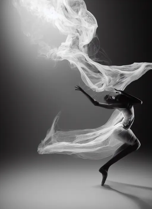 Image similar to a Photorealistic dramatic hyperrealistic render of a beautiful Female smoke dancer by Ken Brower and Deborah Ory of NYC Dance project,Lois Greenfield,Flowing cloth and smoke,Beautiful dynamic dramatic dark moody lighting,volumetric,shadows,cinematic atmosphere,Octane render,8K