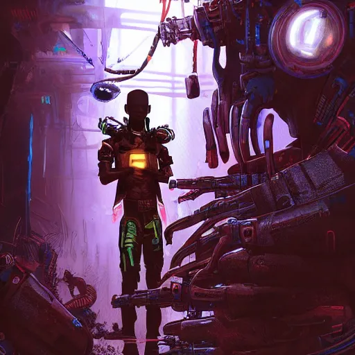 Prompt: a dark and ominous cyborg african child soldier with glowing eyes and a mechanical lower jaw with sharp teeth, neon graffiti, Apex Legends character digital illustration portrait design, by android jones and greg rutkowski in a cyberpunk voodoo style, retrowave color scheme, detailed, cinematic lighting, wide angle action dynamic portrait