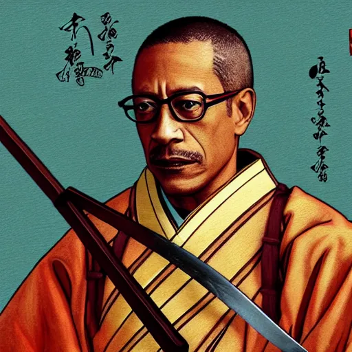 Image similar to gus fring from breaking bad wearing samurai armor and holding a katana in feudal japan, 4 k, hyper realistic, ink block painting, edo period