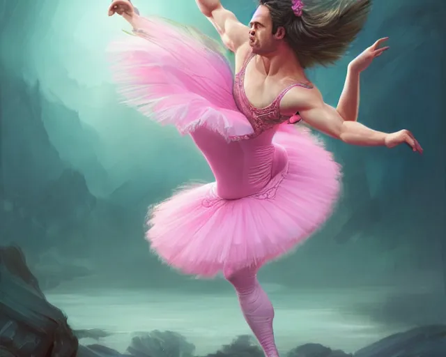 Image similar to photography of jack black dancing in a pink ballerina outfit, full body shot, deep focus, d & d and mtg, fantasy, intricate, elegant, highly detailed, digital painting, artstation, concept art, matte, sharp focus, illustration, hearthstone, art by artgerm and greg rutkowski and alphonse mucha