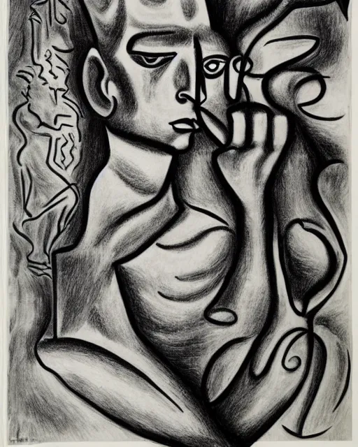 Image similar to portrait of a demon. Line drawing by Jean Cocteau.