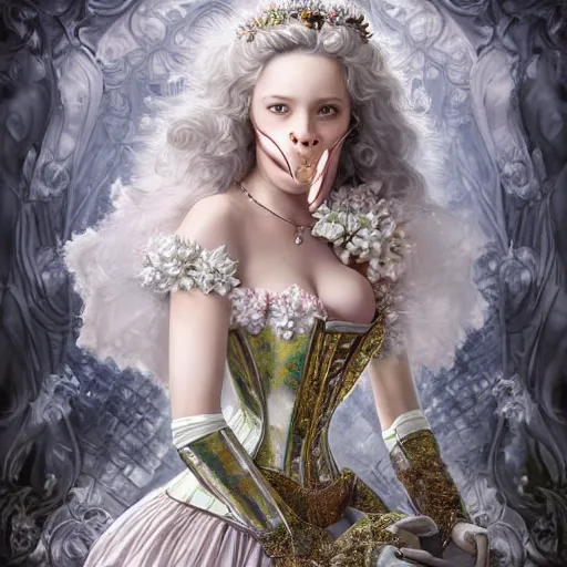 Image similar to A masterpiece ultrarealistic ultradetailed portrait of a Incredibly beautiful angel armored princess knight IN INCREDIBLE FEARFUL sharp poisoned GAS MASK WITH FLOWERS and swarovski crystals. baroque renaissance. in the forest. White amazing corset. medium shot, intricate, elegant, highly detailed. trending on artstation, digital art, by Stanley Artgerm Lau, WLOP, Rossdraws, James Jean, Andrei Riabovitchev, Marc Simonetti, Yoshitaka Amano. background by James Jean and Gustav Klimt, light by Julie Bell, 4k, porcelain skin. BY ZDIZISLAW BEKSINSKI Cinematic concept art