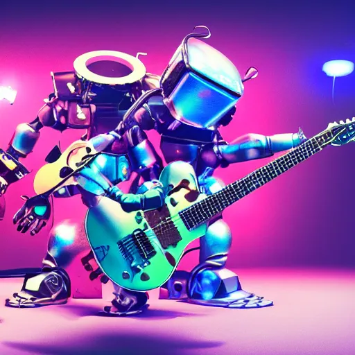 Image similar to album art, rockband with 3 steampunk robots playing guitar and drums, the letters robos rock, 8 k, flourescent colors, halluzinogenic, multicolored, insanely integrate, front shot, 3 d render, octane