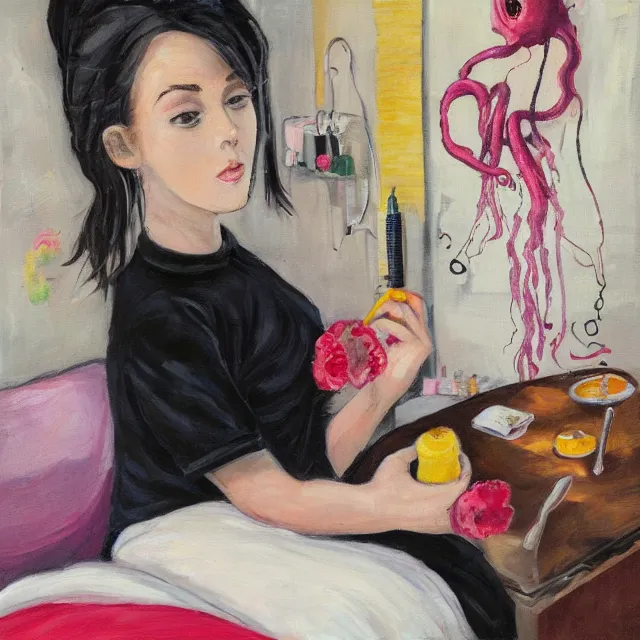 Prompt: a portrait in a female artist's bedroom, black walls, girl eating pancakes, emo t - shirt, sheet music, berries, surgical supplies, handmade pottery, flowers, sensual, octopus, neo - expressionism, surrealism, acrylic and spray paint and oilstick on canvas