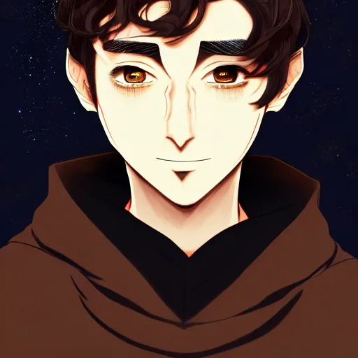 Image similar to a man with with brown hair, eyes with stars and galaxies in his eyes, wearing a black robe with the tips made of gold, anime, trending on artstation, high quality