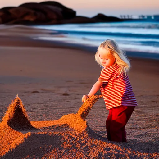 Image similar to little blond girl, making a sandcastle!!! on an Australian Beach, red!!! sand, golden hour, Canon EOS R3, f/1.4, ISO 200, 1/160s, 8K, RAW, unedited, symmetrical balance, in-frame