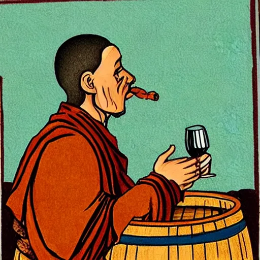 Prompt: sketch of a monk drinking wine next to a barrel, in the style of da Vinci