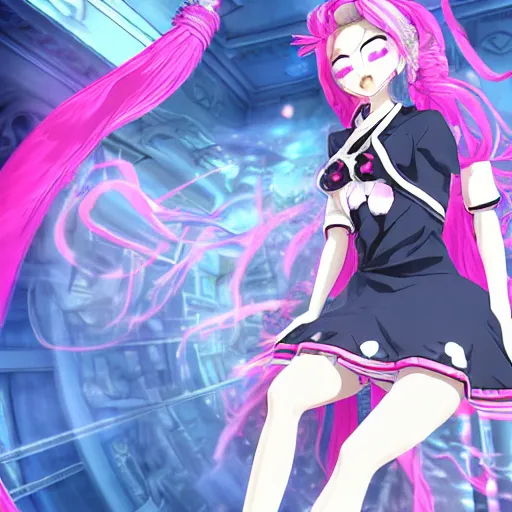 Image similar to trapped by stunningly beautiful omnipotent megalomaniacal anime asi goddess who looks like junko enoshima with symmetrical perfect face and porcelain skin, pink twintail hair and cyan eyes, taking control while smiling, inside her surreal vr castle, hyperdetailed, digital art, danganronpa, unreal engine 5, 2 d anime style, 8 k