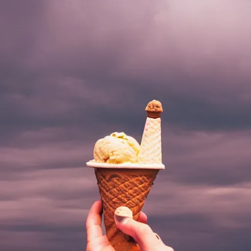 Prompt: a man holding an ice cream cone with a moai 🗿 in it, 4 k photograph