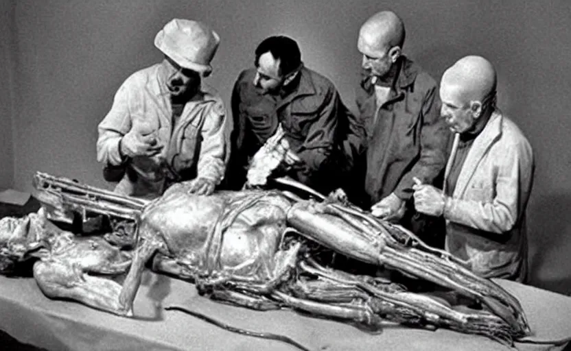 Prompt: Autopsy of the aliens from Roswell incident, History channel documental, 8k, highly detalied, incandecent lighting