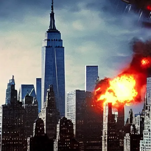 Image similar to Starship falling from tje sky on New York city, still from latest Michael Bay sci-fi movie