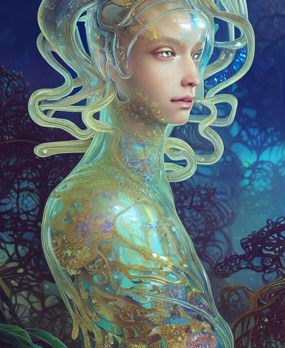 Prompt: intricate ornate opulent transparent clear see - through crystal portrait of a gundam beautiful male alien sea slug, mottled coloring, adorable, childlike, overgrown jungle environment, ultra realistic, concept art, art nouveau, photorealistic, octane render, 8 k, unreal engine. art by christopher marley and artgerm and greg rutkowski and alphonse mucha