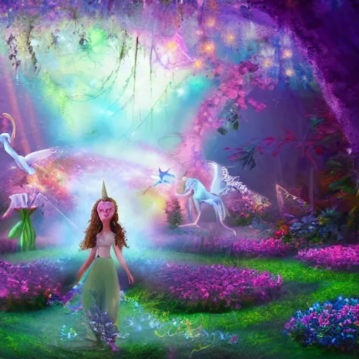 Image similar to flower garden with magical fairies, mythical, surreal, animated movie shot, unicorns, digital painting, wallpaper, art, 4 k, hd