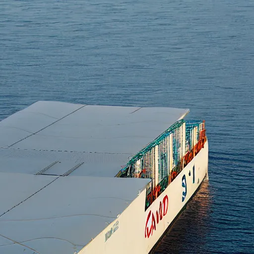 Prompt: close up ground - level side - view of a a hydrofoil container ship in baltimore maryland. the time is the golden hour and the water is very choppy. canon eos digital rebel xti, 1 0 0 - 3 0 0 mm canon f / 5. 6, exposure time : 1 / 1 6 0, iso 4 0 0