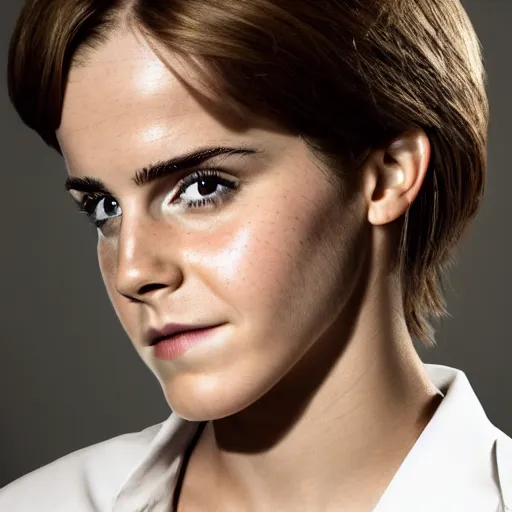 Image similar to Professional portrait of male Emma Watson. A photograph of Emma Watson as a man. Gender switched Emma Watson. Studio lighting