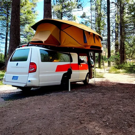 Image similar to a promaster campervan with rooftop tent adventure, national park art, beautiful scenery, fun