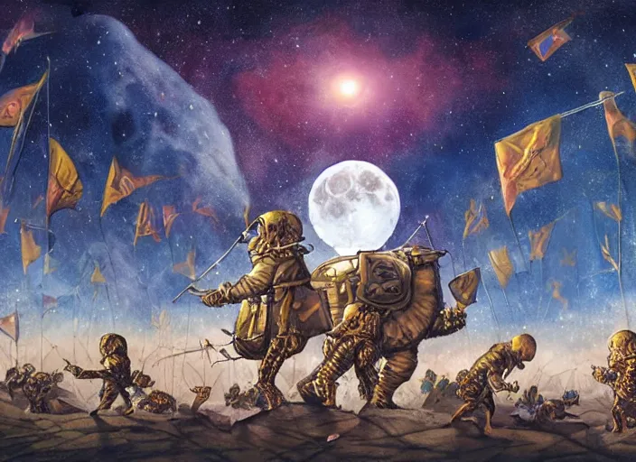 Prompt: beautiful as the moon, terrible as an army with banners. art by pascal blanche and tim white