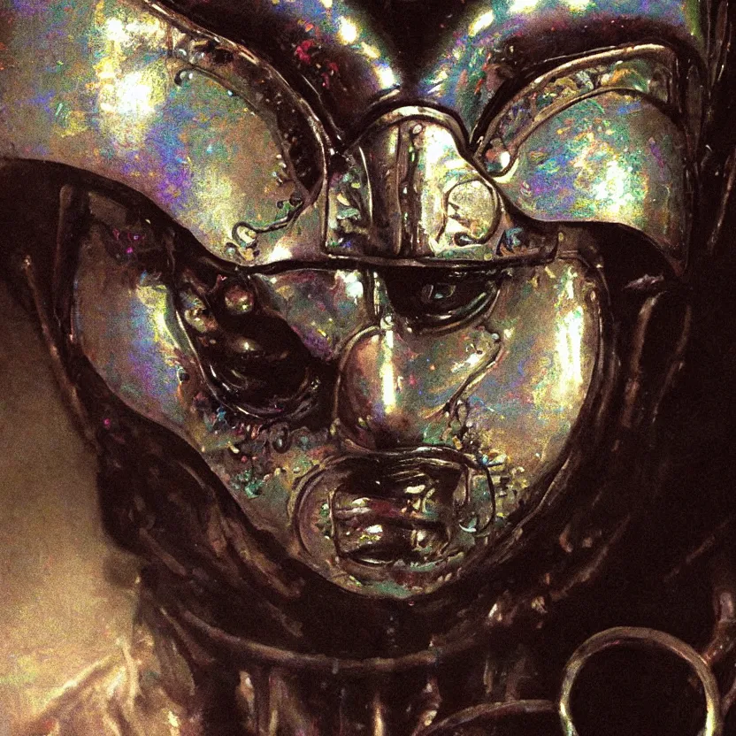 Prompt: a neoclassicist close - up portrait of a an otherworldy person with a retrofuturistic butterfly mask. iridescent reflective alien textures. foggy forest black background. highly detailed science fiction painting by norman rockwell, frank frazetta, syd mead and moebius. rich colors, high contrast, gloomy atmosphere, dark background. trending on artstation.