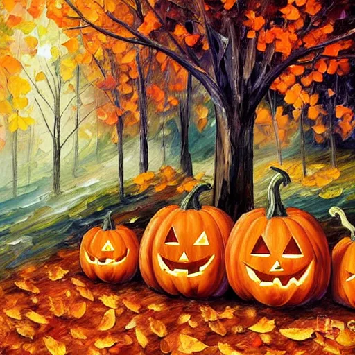 Image similar to halloween pumpkins sitting in a pile of autumn leaves detailed painting in the style of leonid afremov 4 k