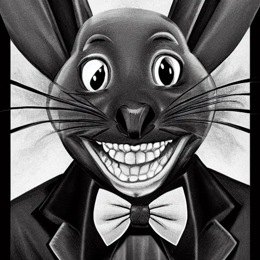 Image similar to A extremely highly detailed majestic hi-res beautiful, highly detailed head and shoulders portrait of a scary terrifying, horrifying, creepy black cartoon rabbit with a bowtie and scary big eyes, earing a shirt laughing, hey buddy, let's be friends, in the style of Walt Disney