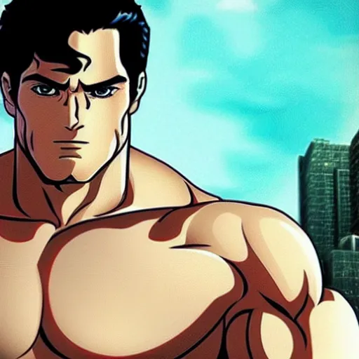 Image similar to still of henry cavill with a very muscular body type, anime art, anime style