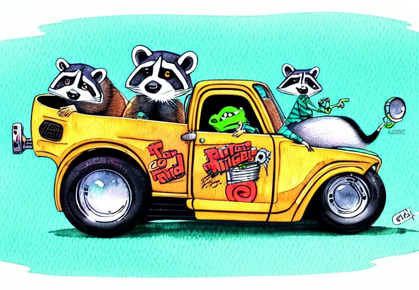 Image similar to cute and funny, racoon riding in a tiny hot rod truck with ( very ) oversized engine, ratfink style by ed roth, centered award winning watercolor pen illustration, isometric illustration by chihiro iwasaki, edited by range murata