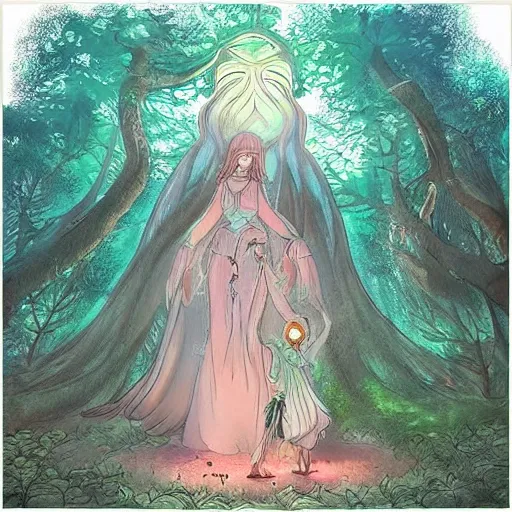 Prompt: “portrait of the goddess of love and her daughter making a ritual sacrifice in a magical forest, ghibli, detailed, sharp focus, digital art, detailed face”