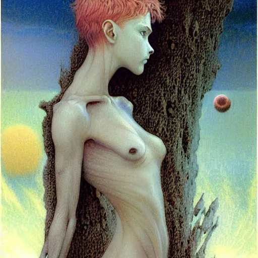 Image similar to cute young vampire tomboy girl with short short short dark hairs on lovecraftian planet by jean delville by luis royo and wayne barlowe, beksinski