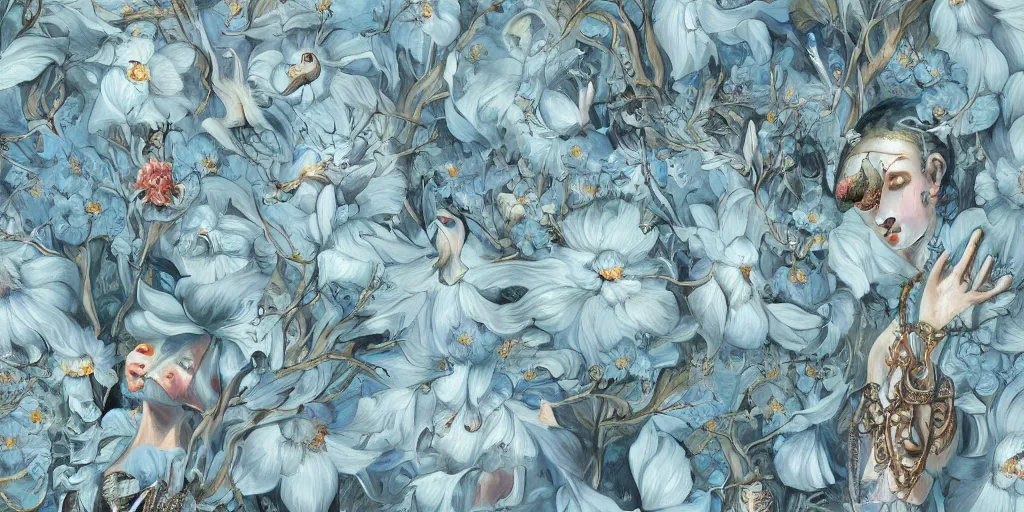 Image similar to breathtaking detailed concept art painting art deco pattern of faces goddesses amalmation light - blue flowers with anxious piercing eyes and blend of flowers and birds, by hsiao - ron cheng and john james audubon, bizarre compositions, exquisite detail, extremely moody lighting, 8 k