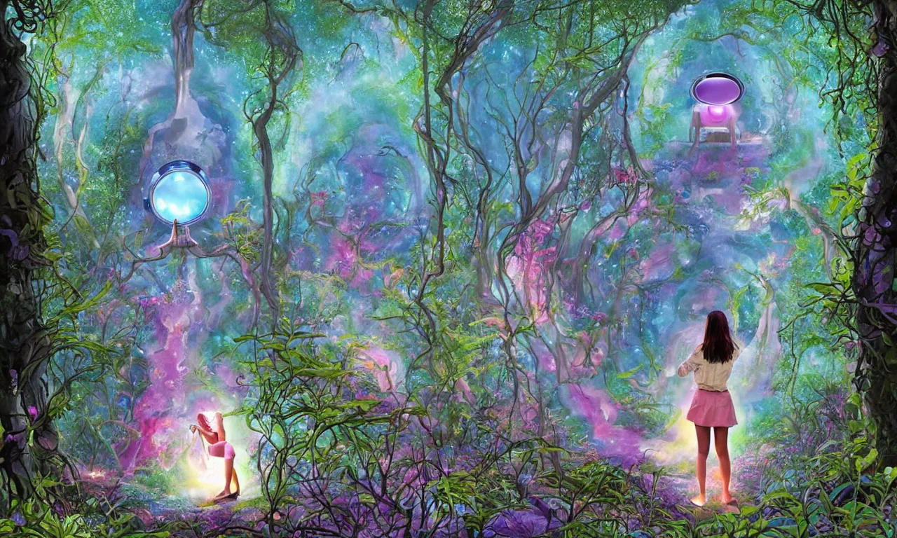 Prompt: woman discovers a mirror portal in her garden. the dimensional gateway leads to a mystical forest, pixiv fanbox, dramatic lighting, maximalist pastel color palette, splatter paint, pixar and disney concept, graphic novel by fiona and dustin nguyen, peter elson, alan bean, wangechi mutu, clean cel shaded vector art, on artstation