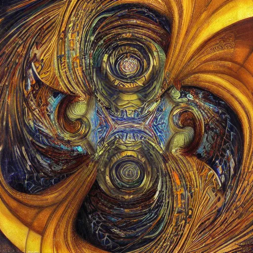 Image similar to Divine Chaos Engine by Karol Bak, Jean Deville, Gustav Klimt, and Vincent Van Gogh, visionary fractal structures, spirals