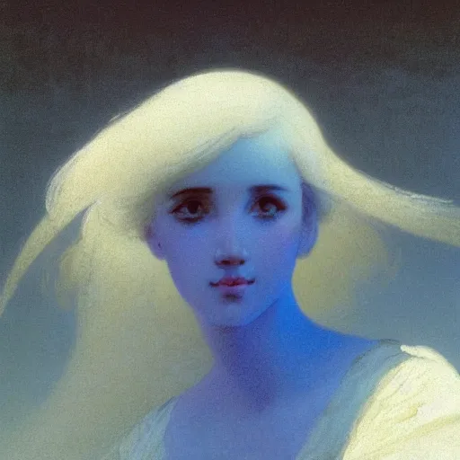 Image similar to a young woman's face, her hair is white and she wears a cobalt blue satin cloak, by ivan aivazovsky and syd mead and moebius and gaston bussiere and roger dean and pieter claesz and paul delaroche and alma tadema and aelbert cuyp and willem claesz, hyperrealistic, volumetric light, octane render