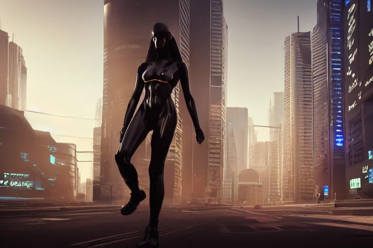 Image similar to cyberpunk alien concept inspired street, futuristic look, highly detailed body, very powerful, photorealistic camera shot, bright studio setting, studio lighting, crisp quality and light reflections, unreal engine 5 quality render