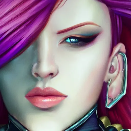 Image similar to a realistic portrait of vi from arcane