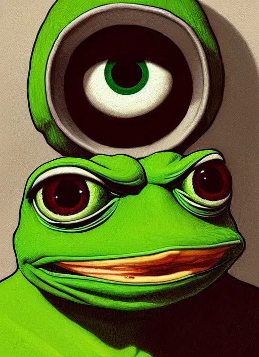 Image similar to pepe the frog!!!, character by matt furie!!!, sad, depressed, portrait, intricat, highly detailed, digital painting, artstation, concept art, wallpaper, smooth, sharp focus, illustration, art by artgerm and greg rutkowski and alphonse mucha