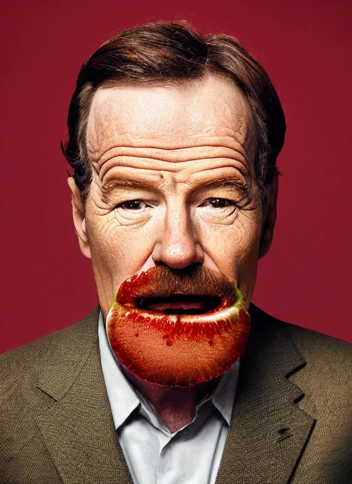 Prompt: bryan cranston bulging cheeks eating cranberries, open mouth filled with cranberries, studio light, bloom, detailed face, magazine, press, photo, steve mccurry, david lazar, canon, nikon, focus