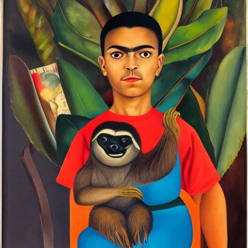 Image similar to oil painting, portrait of a boy with a sloth in a vintage office, mid - century modern design, painting by frida kahlo ( 1 9 3 2 ), from mexican modernism exhibition