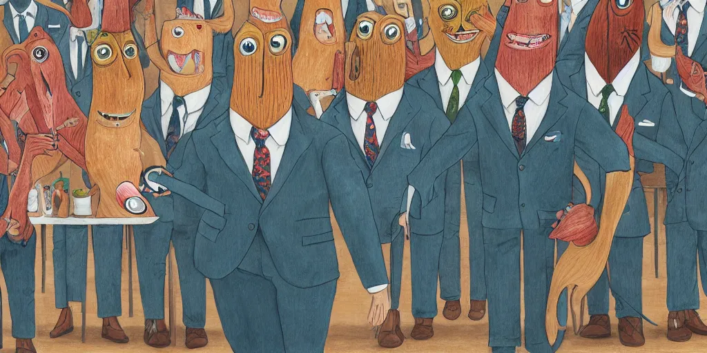 Prompt: anthropomorphic catfish wearing a suit, thumbs upping, by lisa hanawalt, by wanda gag