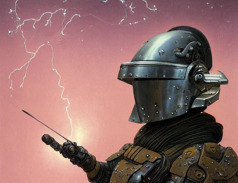 Image similar to a detailed portrait painting of a bounty hunter in combat armour and visor. cinematic sci-fi poster. Flight suit and wires, accurate anatomy. Samurai influence, fencing armour. portrait symmetrical and science fiction theme with lightning, aurora lighting. clouds and stars. Futurism by beksinski carl spitzweg moebius and tuomas korpi. baroque elements. baroque element. intricate artwork by caravaggio. Oil painting. Trending on artstation. 8k