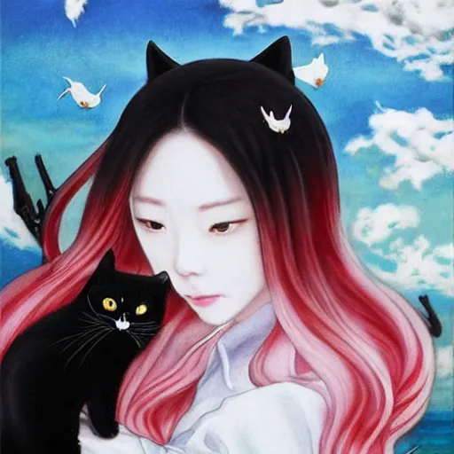 Image similar to style of Guo Hua ,young vampire and her black cat Portrait by Miho Hirano, full body , realistic, detailed, white, light pink tonalities, beautiful collage technique including clouds, sea, wind, ornate sea background, beautiful Fantasy detailed trending on artstation, oil painting,Dramatic lighting, eterea , high quality print, fine art with subtle redshift rendering